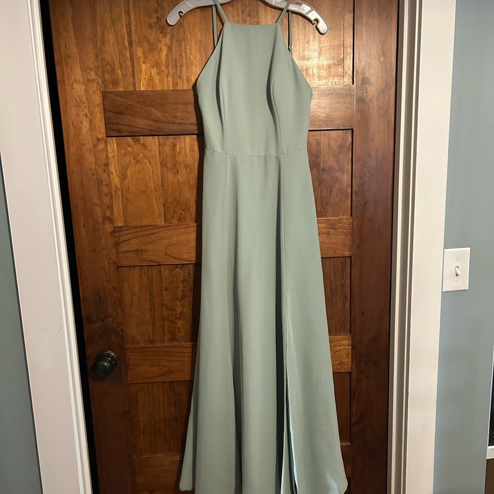 David's Bridal Sage Green Halter Bridesmaid Dress